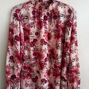 Floral Blouse with Ruffled Neckline